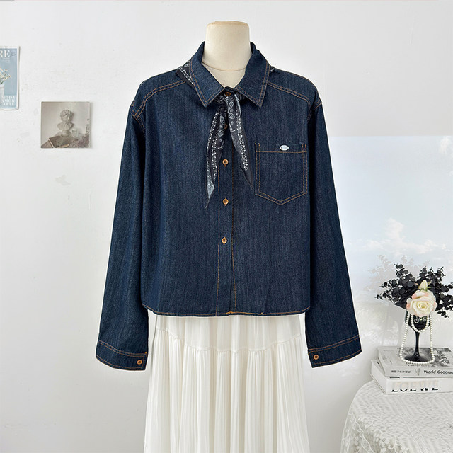 Korean retro style with silk scarf Polo collar long-sleeved denim shirt for women 2026 spring loose single-breasted short top