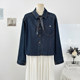Korean retro style with silk scarf Polo collar long-sleeved denim shirt for women 2026 spring loose single-breasted short top