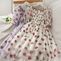 2025 Summer Super Fairy Sequined Strawberry Print High Waisted Mid-Length Mesh Skirt Women's Pleated One Shoulder Dress Trendy