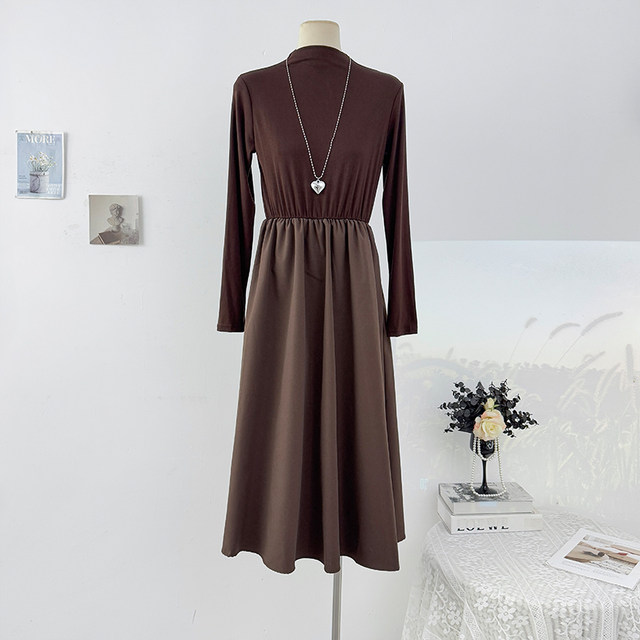 French retro half-high collar knitted splicing long-sleeved dress for women autumn layered PU leather vest two-piece set