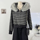 Korean style fashionable contrast striped zipper fur collar hooded jacket for women autumn 2025 design loose age-reducing top