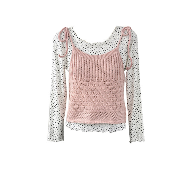 Sweet and fresh floral wood ear long-sleeved T-shirt for women spring 2026 layered knitted camisole two-piece set