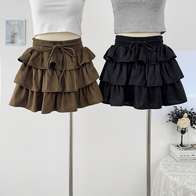 French style ruffled drawstring lace-up puffy skirt summer 2025 hot girl pleated A-line tiered cake skirt