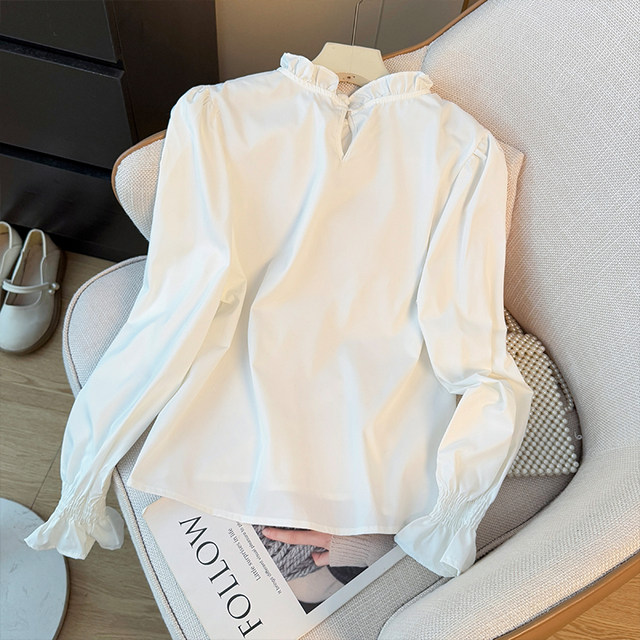 Korean-Style Sweet White Lace Collar Long-Sleeve Shirt for Women, Spring 2026 New Trendy Youthful Loose Pullover Top