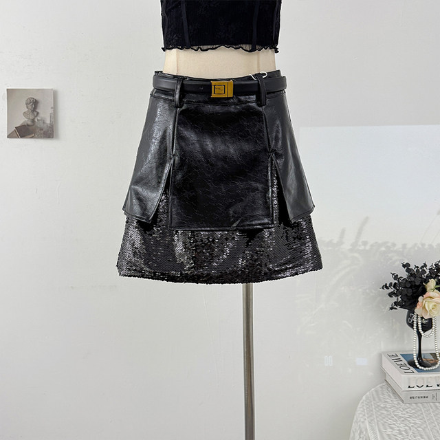 Hot Girl Heavy Industry Sparkling Sequins Stitched PU Leather Skirt Women's Autumn 2025 High Waist Slim A-Line Hip Skirt