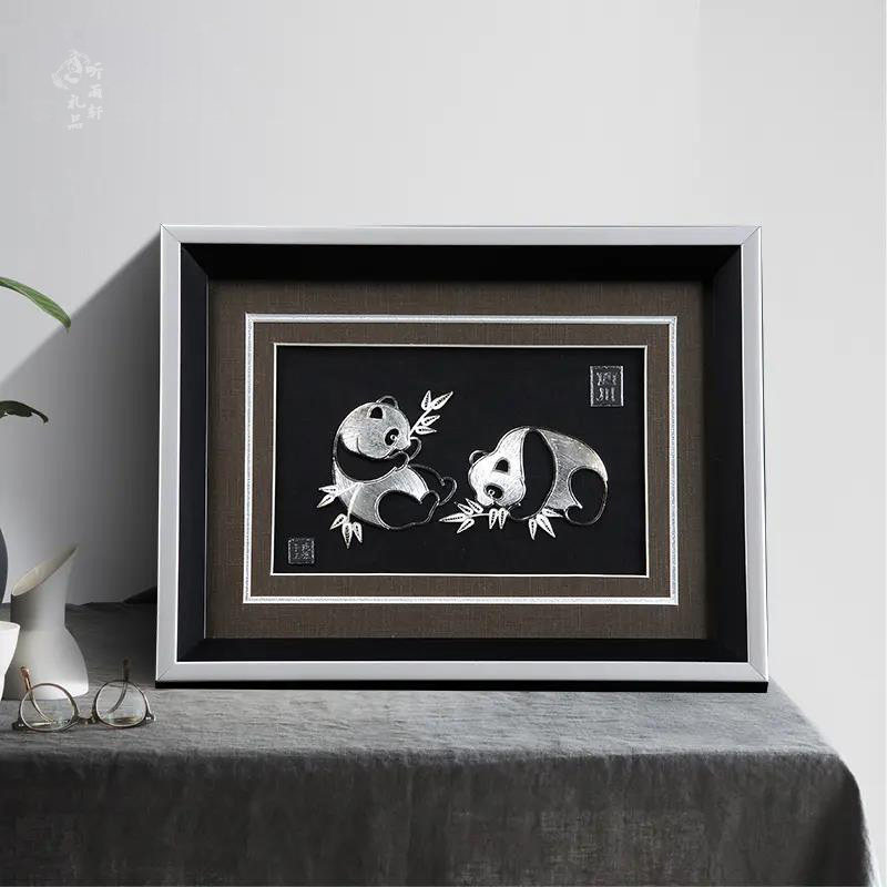 New product featured modern Chinese silver flower silk panda silver silk painting pendulum piece pure silver decorative painting gift to lead customer
