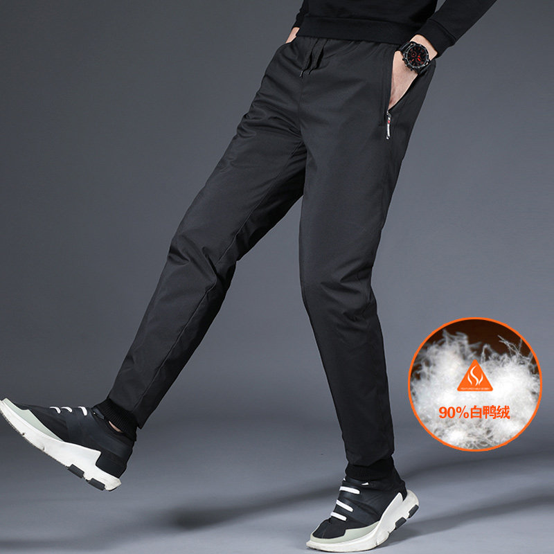 New Youth Men's Body Thickened Down Pants Men Outwear Sports Casual High Waist Outdoor Tightness Pants Feet White Duck Suede