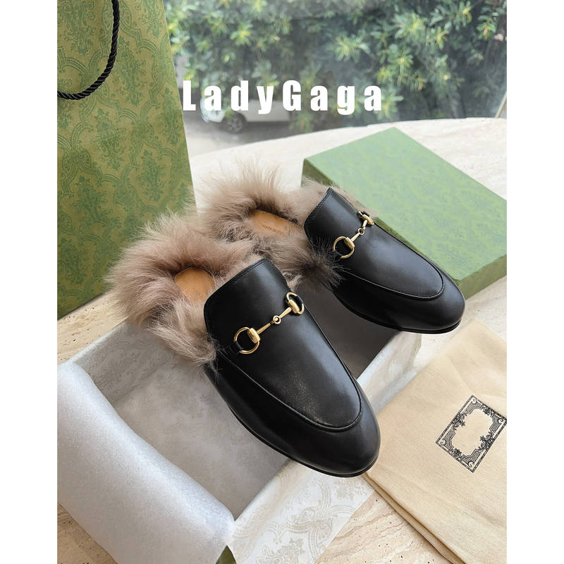 Lady Gaga~Top Version~ Horsebit Fur Slippers, Sheepskin Fur Integrated Closed-Toe Half-Mules, Suitable for Outdoor Wear and Warmth