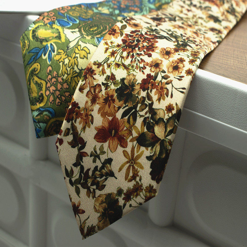 Oil Painting Series Floral Print Vintage Mysterious Pattern Men's and Women's Casual Tie Wedding Stage Coffee Color Yellow