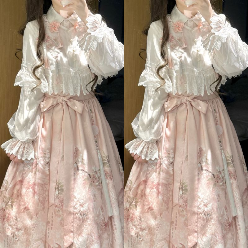Meow Jun Studio Original Design Cherry Blossom Rain New Chinese Style National Style Han Elements Shawl Top and Skirt Hanfu Set Meow Jun Studio Original Design Cherry Blossom Rain New Chinese Style National Style Han Elements Shawl Top and Skirt Hanfu Set