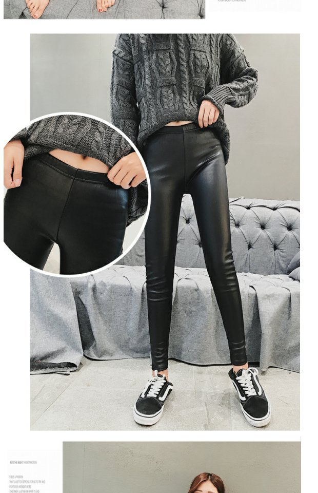 Quần legging mùa thu và mùa đông quần bó màu đen giả da cộng với nhung dày mùa đông chân quần nữ mặc mỏng quần jean rách nữ