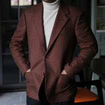 Autumn and winter full wool Brown red single-breasted Italian semi-hemp lined suit mens single West Napoli 3 Buckle 2