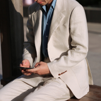 Summer model beige linen suit men single West napoli waterfall sleeve Italian half clip suit 3 button 2
