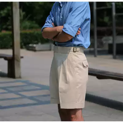 Summer beige khaki cotton Gurkha Gurkha double pleated shorts men retro