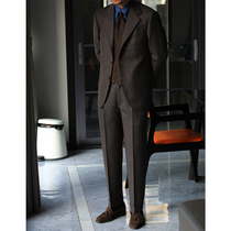 Autumn and winter full wool Curry white dot single-breasted Italian semi-hemp lined suit mens suit 3 buckles 2