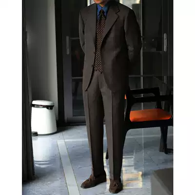 Autumn and winter full wool Curry white dot single-breasted Italian semi-hemp lined suit men's suit 3 buckles 2