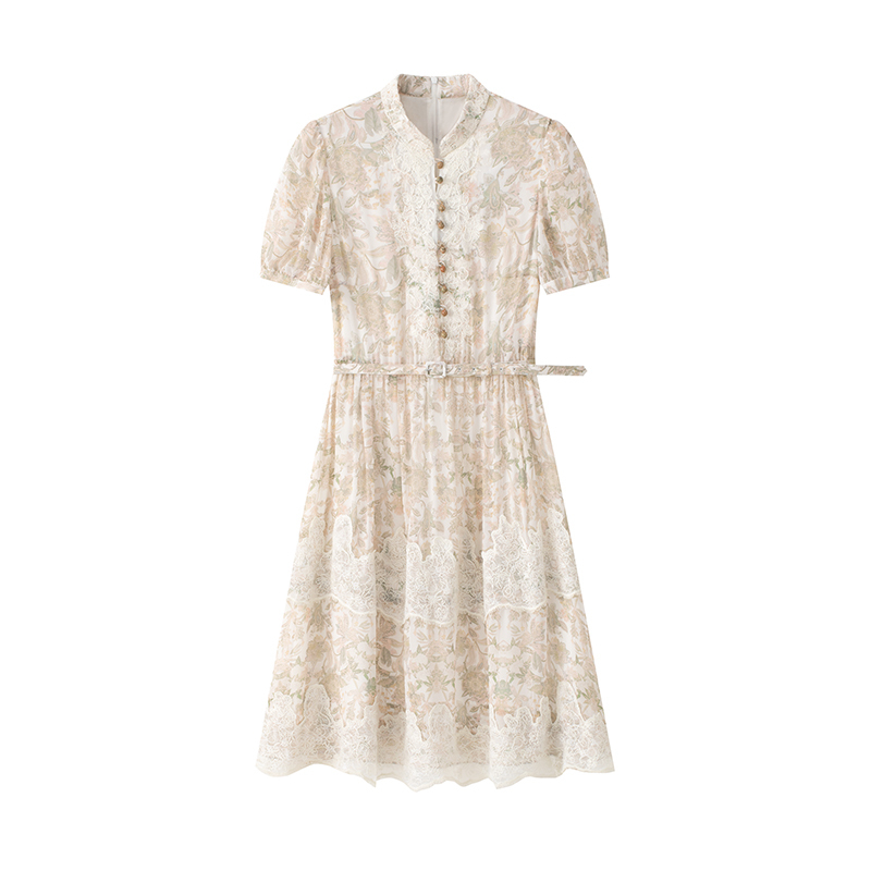 V* Brand Summer New 12mm Georgette Silk High-Waisted Printed Layered Embroidered Lace Short-Sleeve Dress for Women 2611C