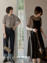 Line drawing Japanese plaid shirt cute age reduction academic style double petal collar short sleeve top female summer and autumn