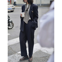 Line drawing sinks into deep blue retro elegant temperament navy blue wool blend Joker high waist slim radish pants