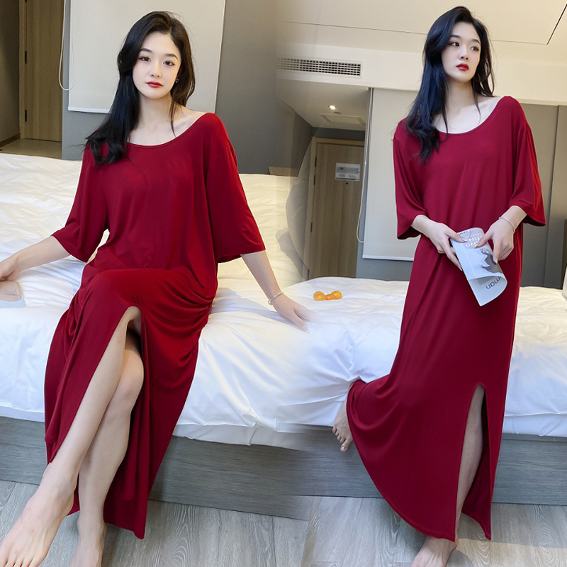 Ankle-Length Modal Short-Sleeved Nightgown Summer Loose Large Size Pajamas Women's Backless Sexy Side Slit Long Skirt