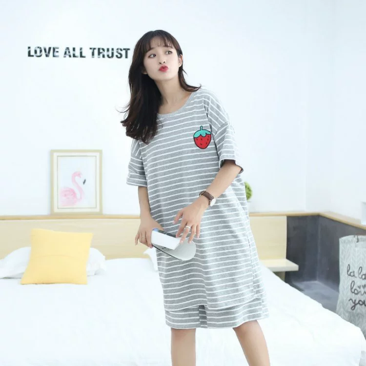 Đồ ngủ nữ rộng rãi size lớn ngắn tay mùa hè cotton mỏng mặt vui nhộn dịch vụ tại nhà 200 kg bộ đồ dành cho người béo - Bộ Pajama