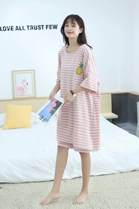 Đồ ngủ nữ rộng rãi size lớn ngắn tay mùa hè cotton mỏng mặt vui nhộn dịch vụ tại nhà 200 kg bộ đồ dành cho người béo - Bộ Pajama