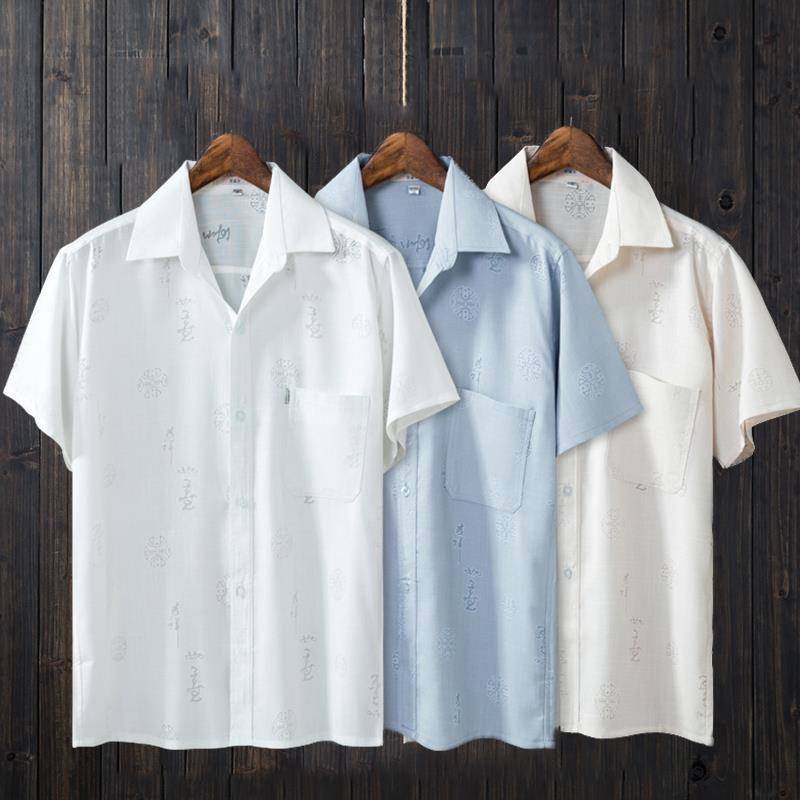Summer middle aged men's linen short sleeves cotton linen shirt thin loose half sleeve turnover jacket Grandpa Dress