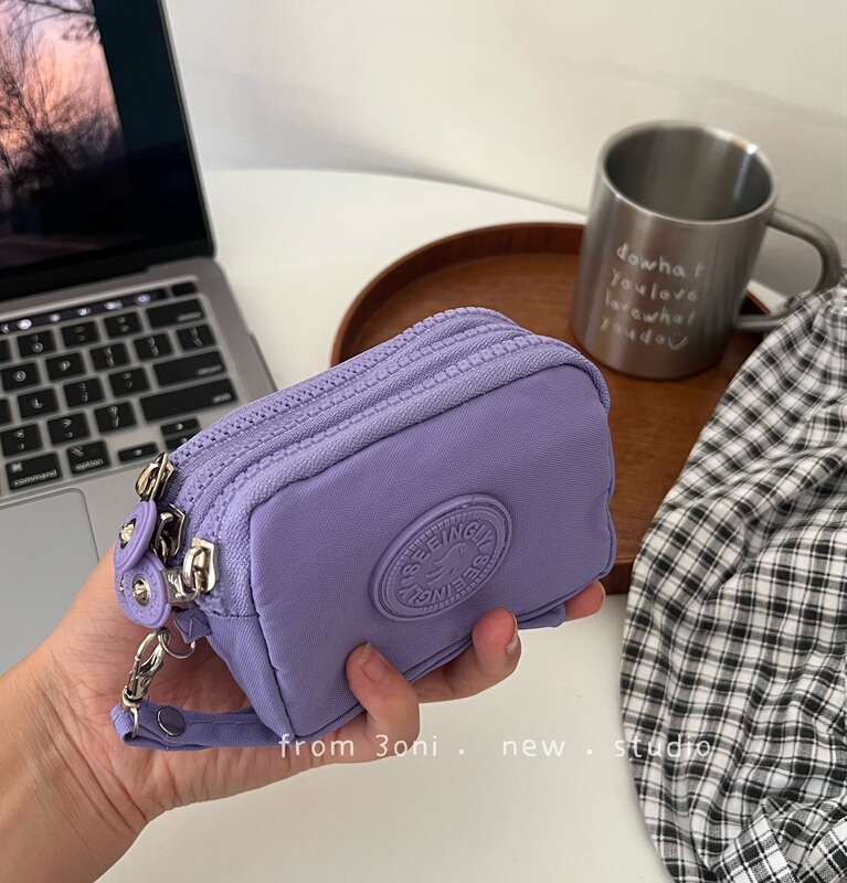 My "Sandwich" Portable Small Bag with 3 Layers, Purple Mini Nylon Pouch for Coins, Lipstick, Id Card, and Earphones
