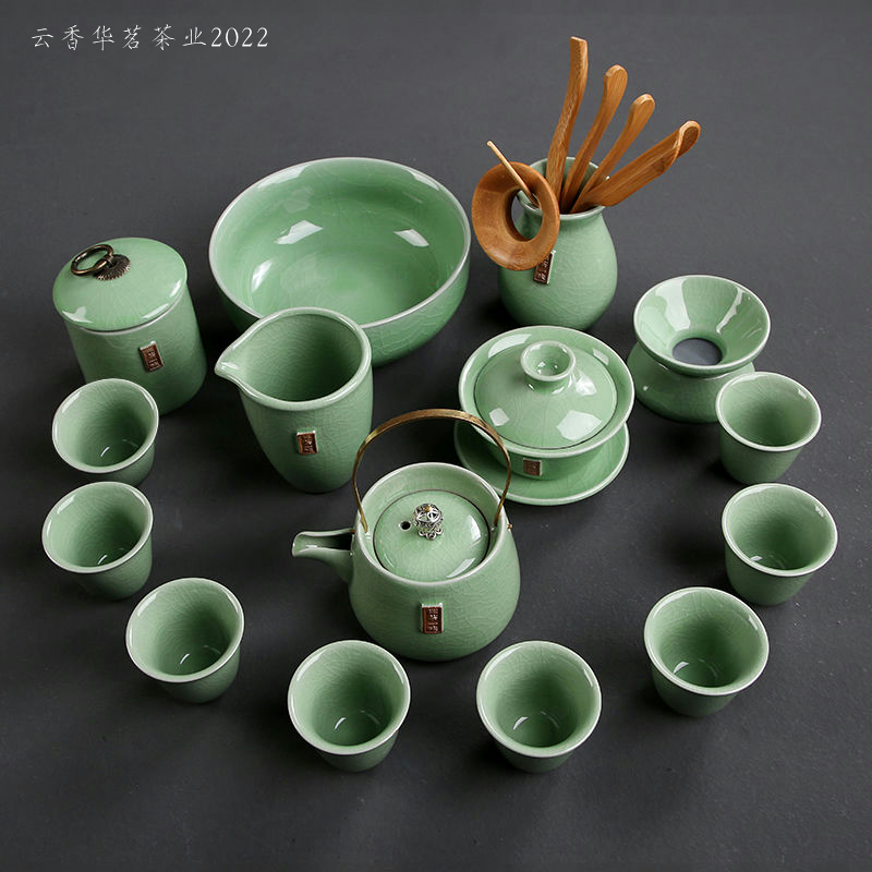 Kung Fu tea set grass green Zen whole set of household Ru kiln open tea ceremony cover bowl tea pot tea cup practical tea set accessories