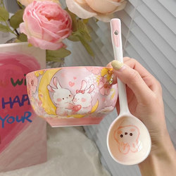 Cute Ceramic Rice Bowl Household Underglaze Color Tableware Popular Creative Rice Bowl One Person Eating Bowl Spoon Combination Eating Bowl