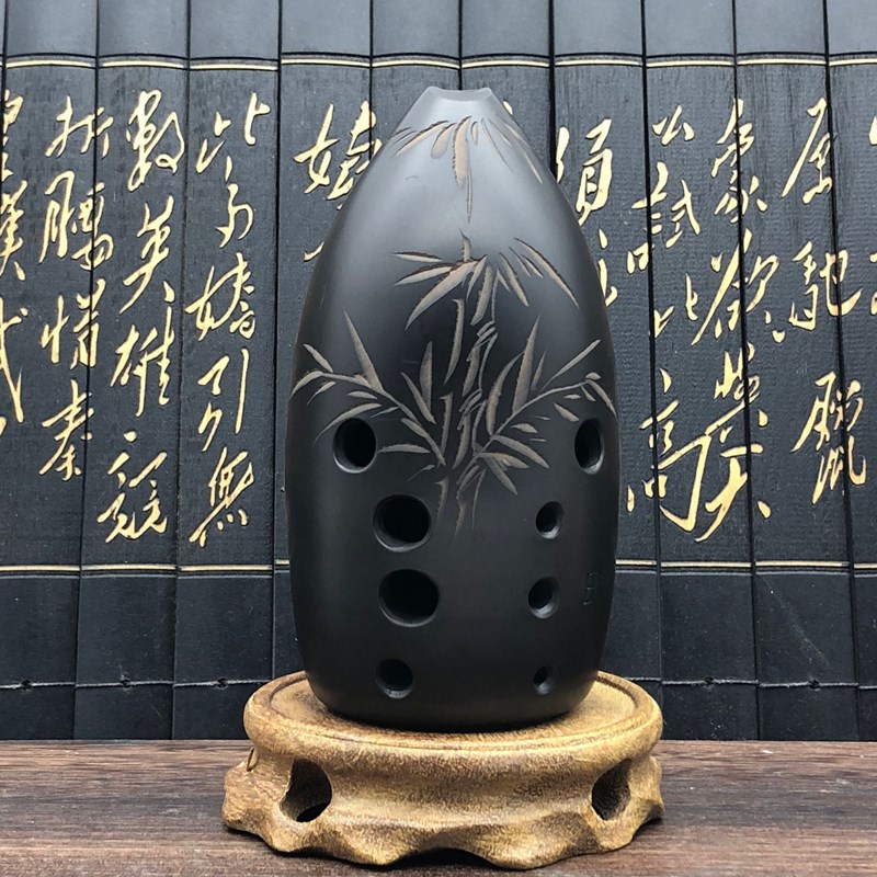 Wind ballad black pottery warhead professional playing exam level 10 holes ten holes double cavity beginner gu cheng F tuning pen holder instrument