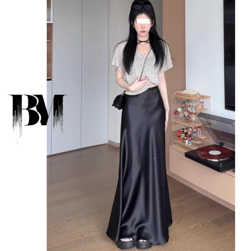 Black Silk Satin Acetate Skirt for Women, Plus Size, Summer, Tummy-Covering, Elegant, High-Waisted, Drapey, Extended Fishtail Skirt
