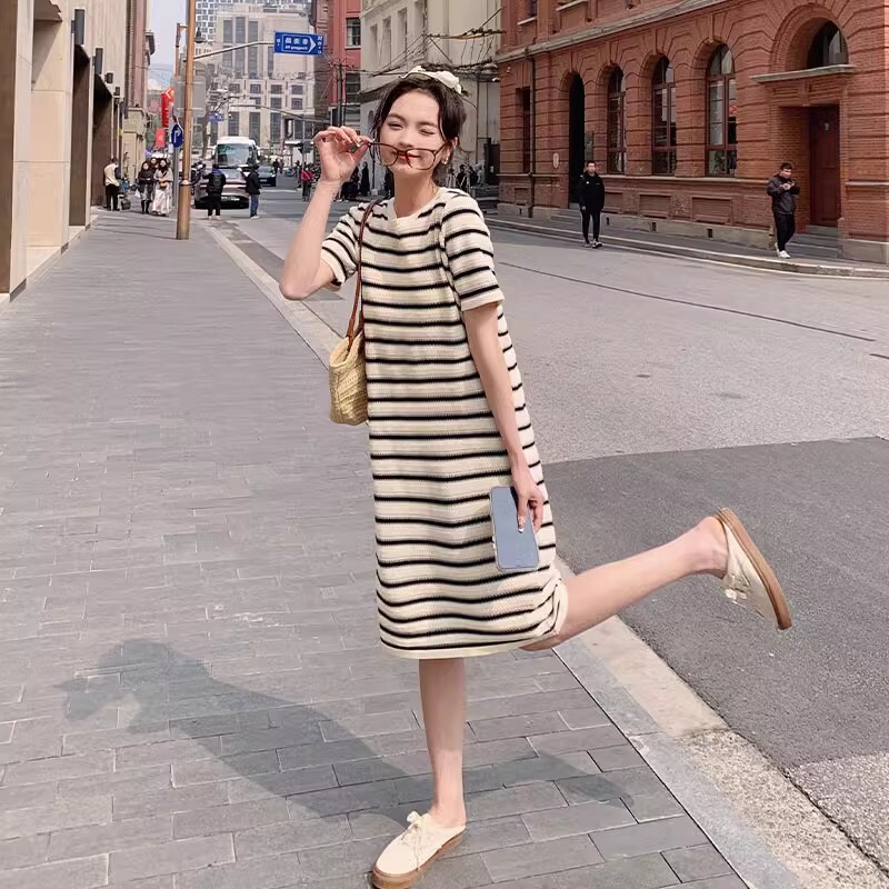 French Rouje Moaks Striped Dress for Women, Mid-Length, 2026 Summer, Loose Casual Petite T-Shirt Dress