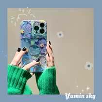 Blue light oil painting flower applicable iPhone12 13promax Apple 11 mobile phone shell xs female xr creative 8 water drill