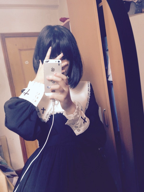 Điểm không bài thơ đứng cổ áo dài tay áo đen ista mori dongsensen Nhật Bản lolita - Sản phẩm HOT