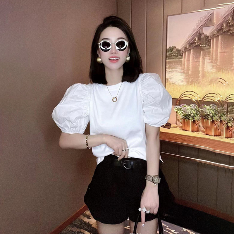 European Style 2024 Short T-Shirt for Women, Summer White Pure Cotton Puff Lantern Sleeve French Chic Niche Versatile Top