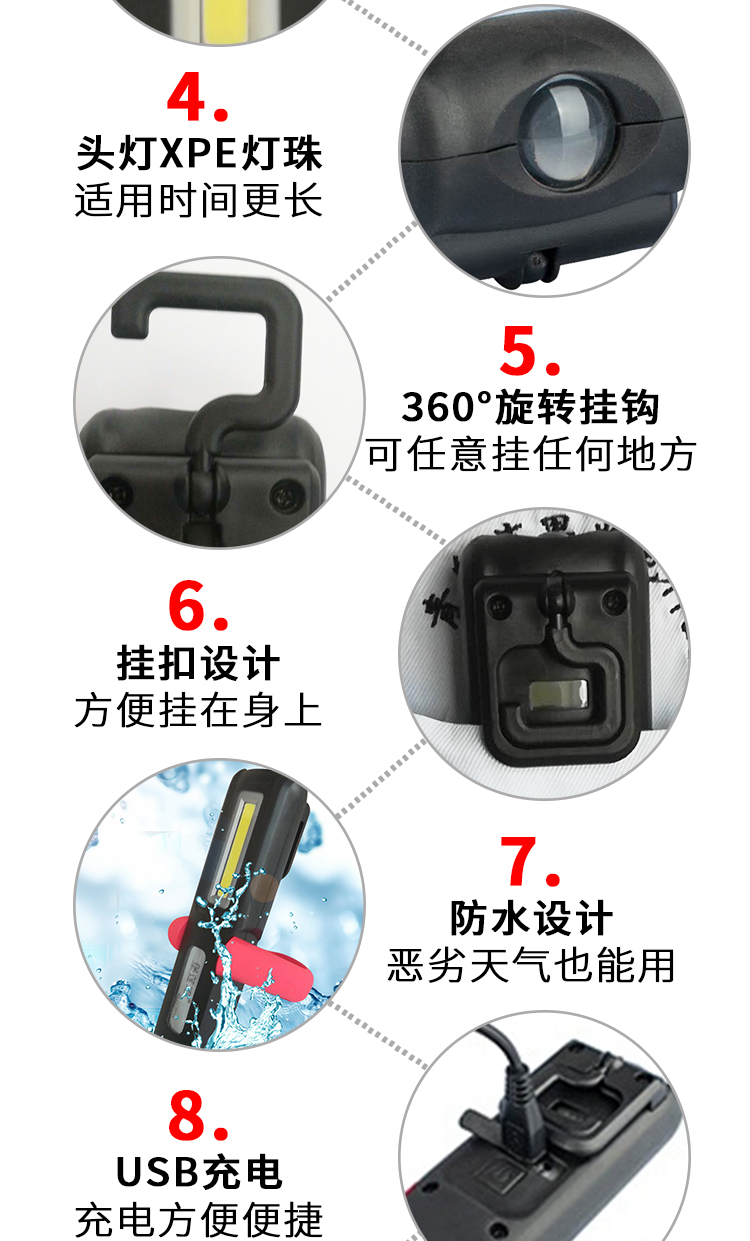Hiển thị kỹ thuật số sạc xe sửa chữa nam châm đèn khẩn cấp COB ngoài trời kiểm tra ánh sáng chức năng bẫy ánh sáng đèn đội đầu