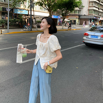 tina square neck embroidery split short puff sleeves super nice top womens summer thin design niche shirt