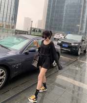 Korean casual long sleeve cardigan vest skirt three-piece female black draping comfortable skin-friendly set summer thin