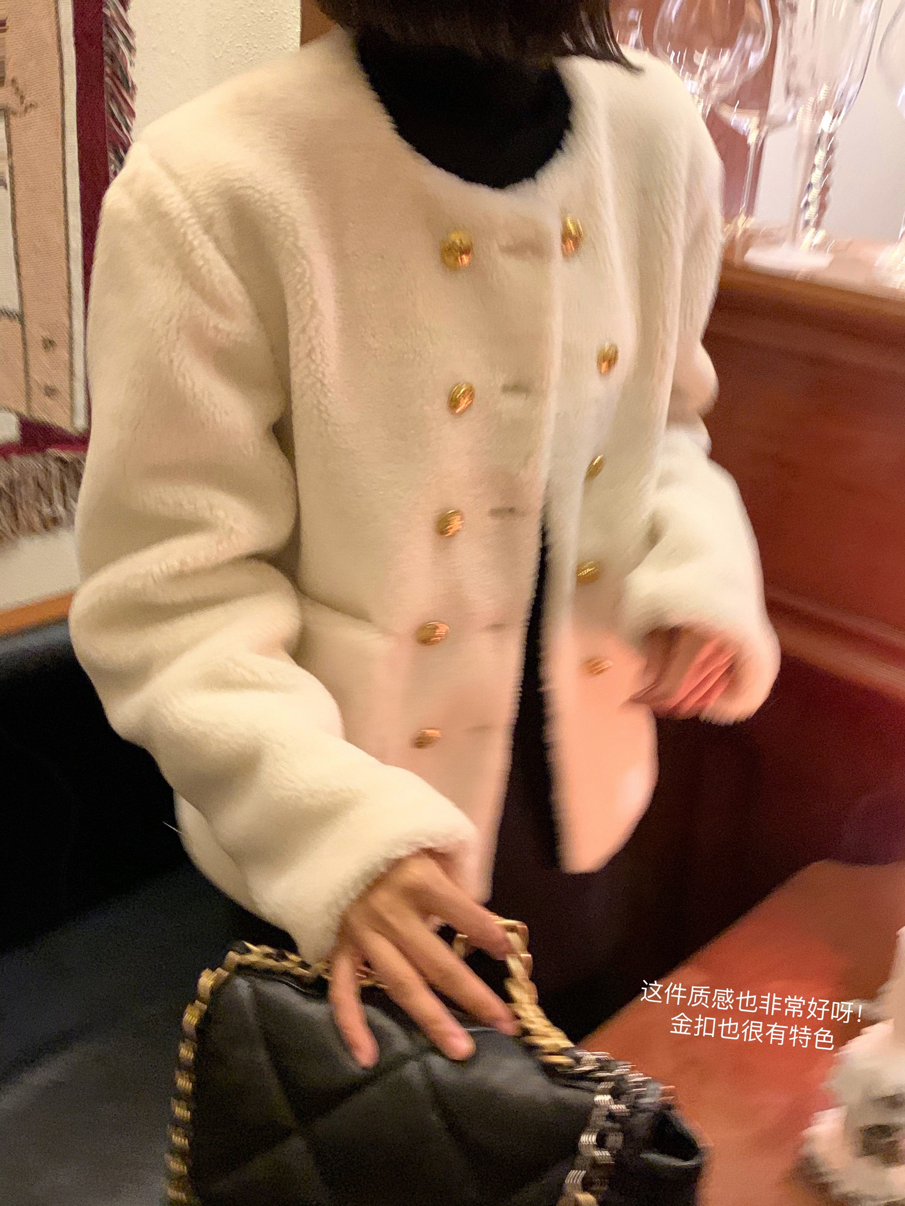 tinafairy high-end white winter simple top double-breasted gold buckle lamb wool coat women