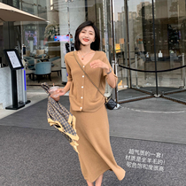 tinafairy early autumn new wool cardigan top coat mid-length skirt loose wool sweater women