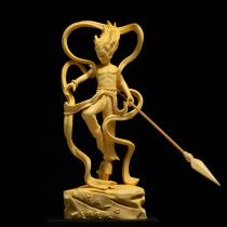 Boxwood carving living room decoration solid wood car ornaments carving crafts cartoon character Nezhas demon boy came into the world