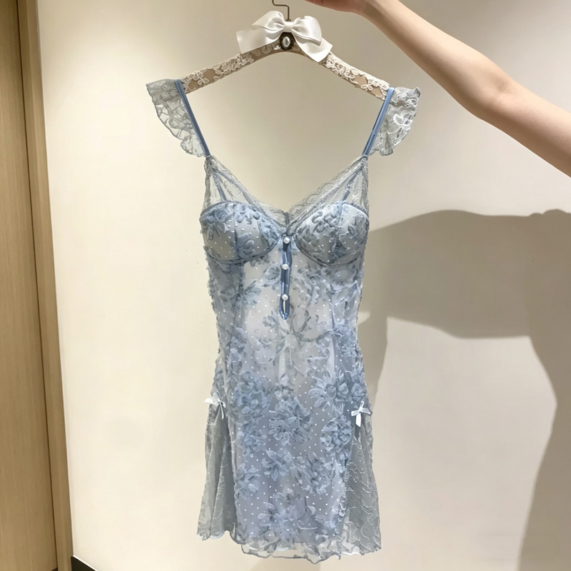 Sweet Lace Three-Dimensional Flower Mesh Hollow-Out Pure Desire Camisole Nightdress Summer Design Sexy Sleepwear for Women with Chest Pads