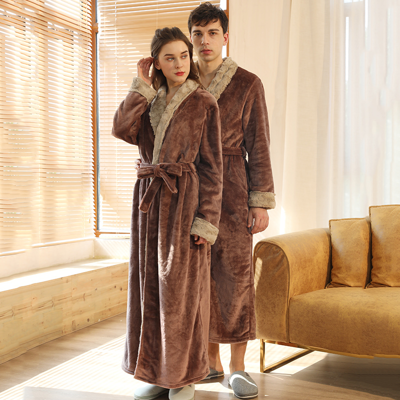 Couples coral fleece nightgown women's winter flannel European and American bathrobe pajamas plus velvet thickening and long men's bathrobe
