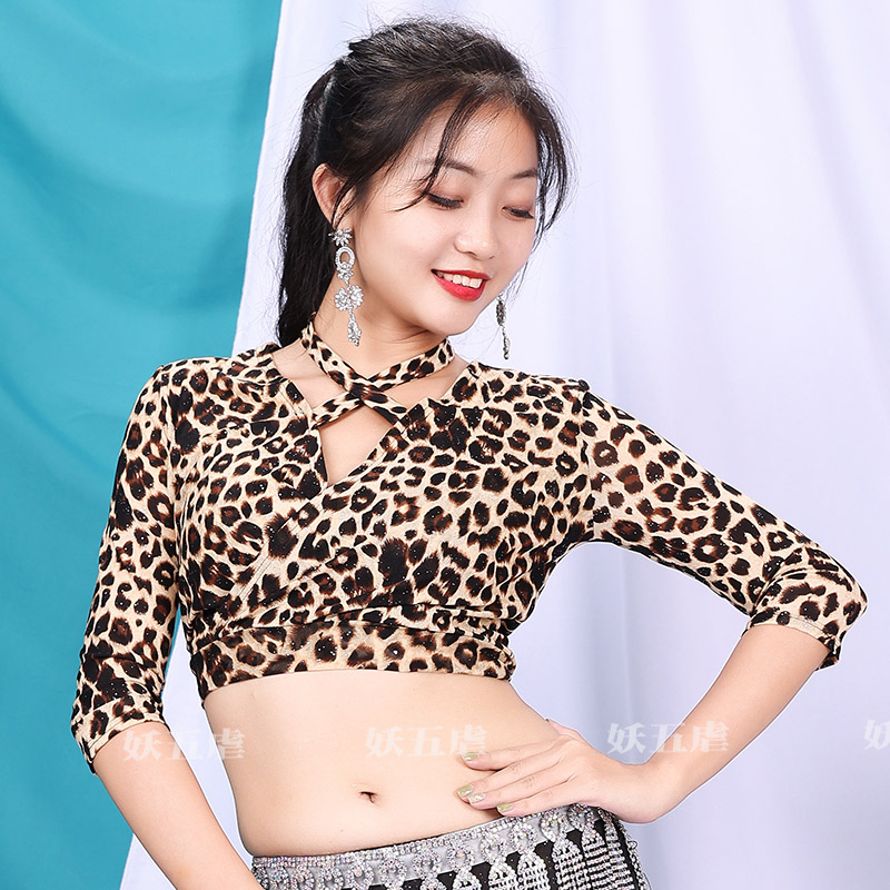 Belly dance top 2021 new Breathable leopard print mesh mid-sleeve size oriental dance practice costume woman