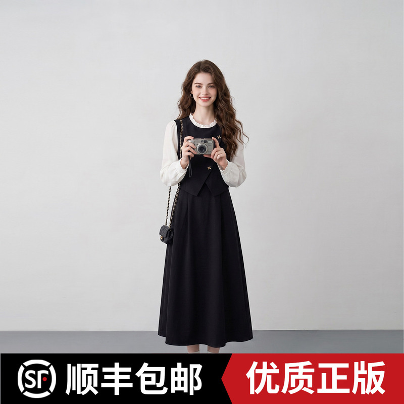 Casual and Classy Black Fake Two-Piece Long-Sleeved Dress for Women 2026 Early Autumn New Style Super Nice and Stylish Age-Reducing Dress
