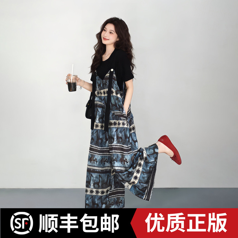 Summer Age-Reducing Ethnic Style Overalls Set for Women 2026 New T-Shirt Bf Loose Printed Wide-Leg Pants Two-Piece Set Summer Age-Reducing Ethnic Style Overalls Set for Women 2026 New T-Shirt Bf Loose Printed Wide-Leg Pants Two-Piece Set