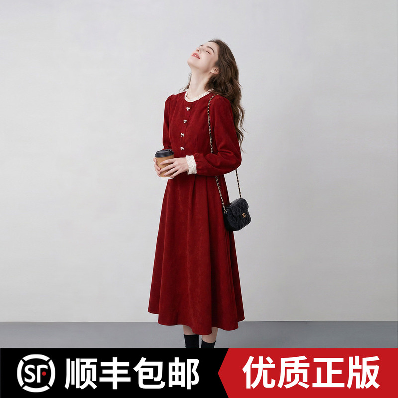 French Retro Ruffled Collar Red Long-Sleeve Dress for Women 2026 Early Autumn New Style Elegant Slimming Over-The-Knee Long Dress French Retro Ruffled Collar Red Long-Sleeve Dress for Women 2026 Early Autumn New Style Elegant Slimming Over-The-Knee Long Dress