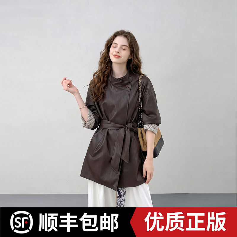 British Style Coffee-Colored Stand-Up Collar Leather Jacket for Women 2026 Early Autumn New Design Plaid Sleeve Mid-Length Trench Coat British Style Coffee-Colored Stand-Up Collar Leather Jacket for Women 2026 Early Autumn New Design Plaid Sleeve Mid-Length Trench Coat