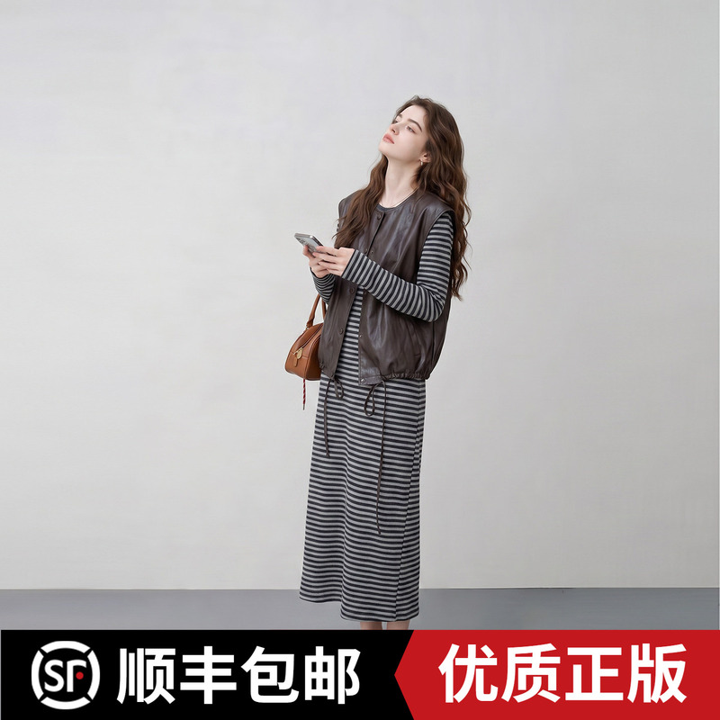 Korean Style Relaxed and Stylish Outfit for Women 2026 Early Autumn New Leather Jacket Vest Striped Dress Two-Piece Set